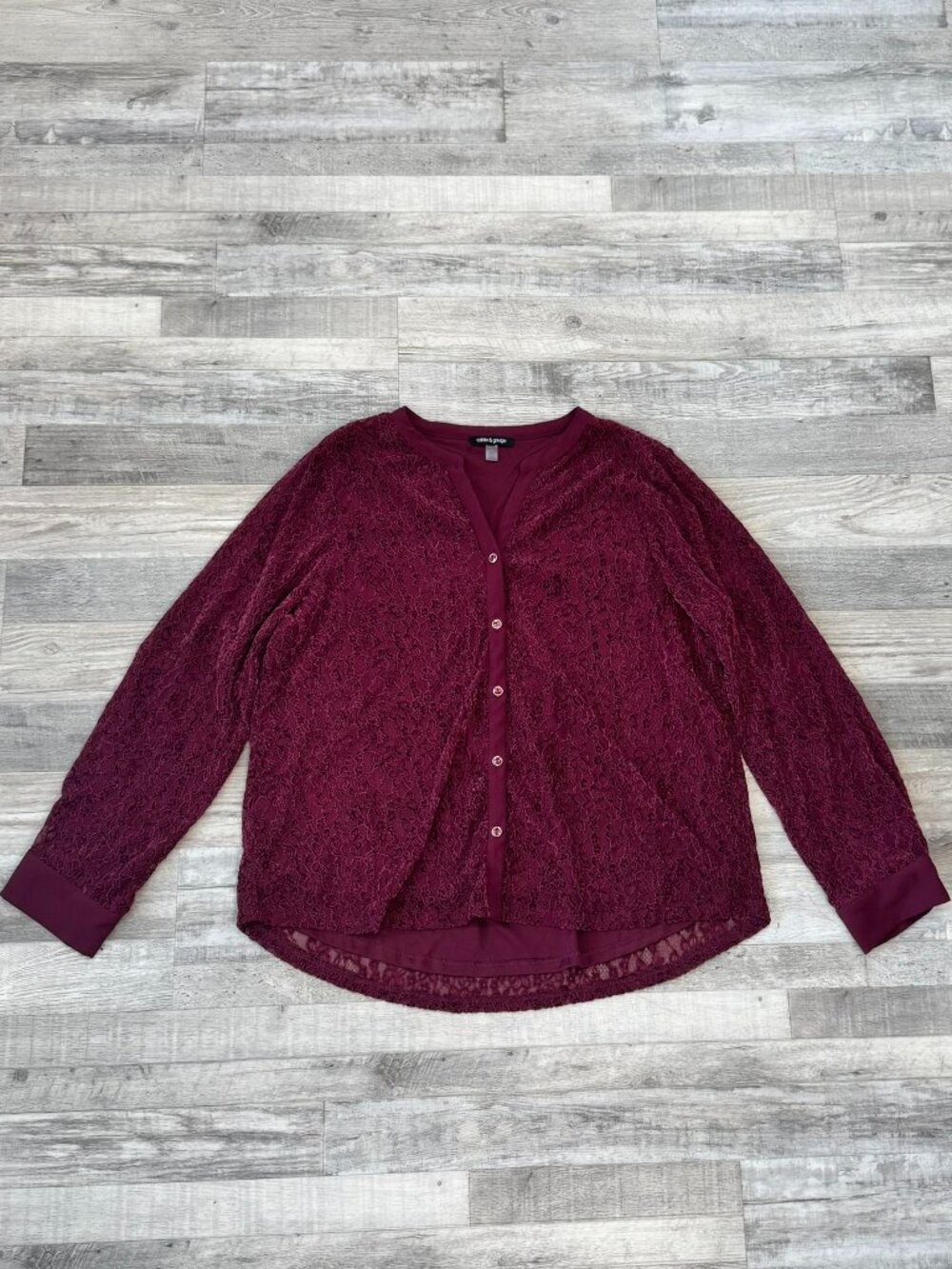 Cable+Guage burgundy lace long sleeve button down blouse size XXL Q9